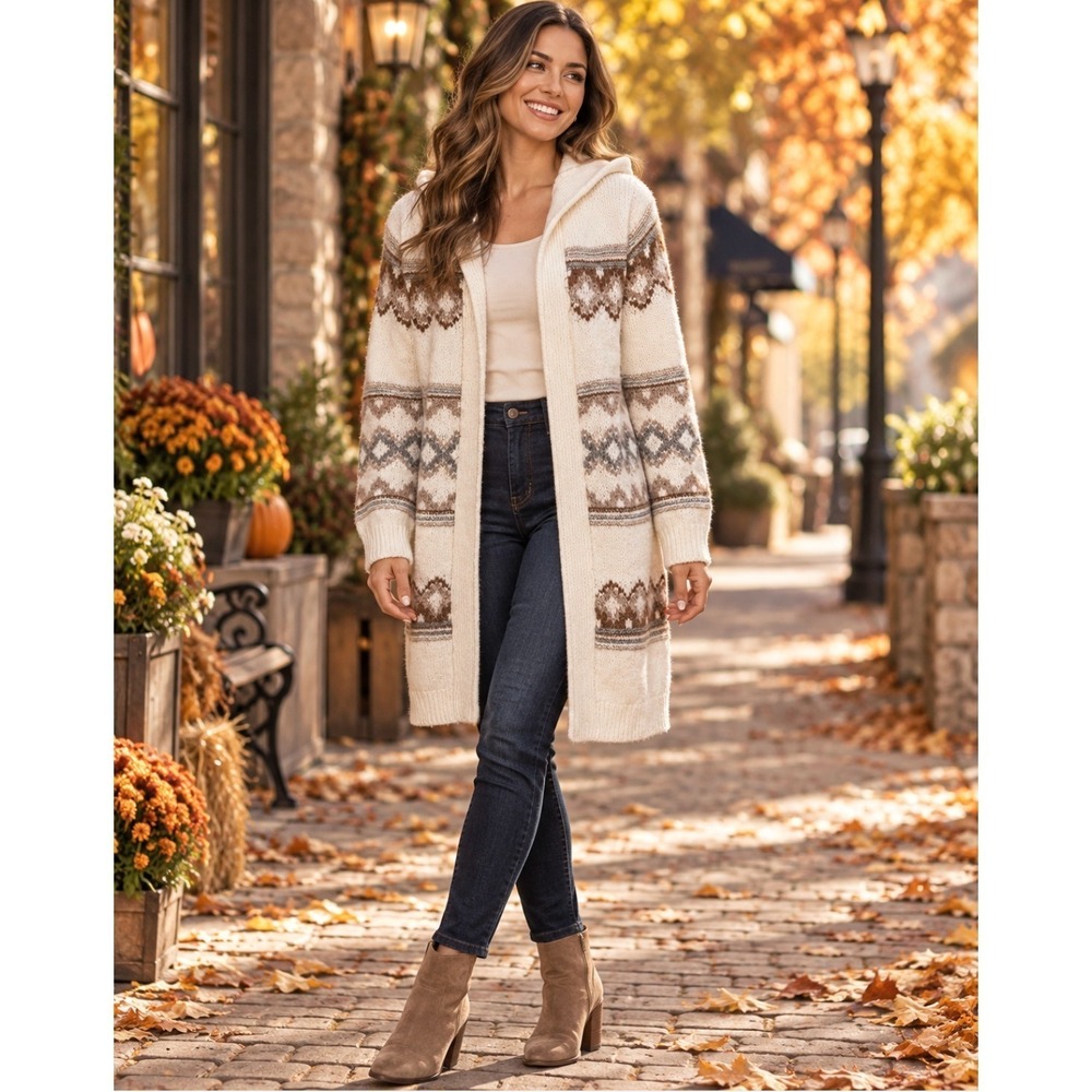ABERCROMBIE & FITCH Fair Isle Hooded Long Cardigan Sweater Cream Fairisle XS